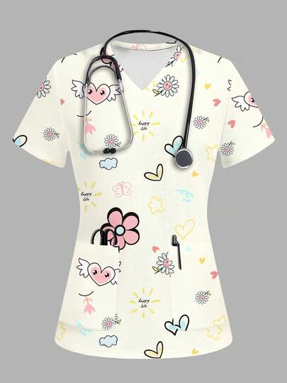 TaskEZ Women's V-Neck Floral & Heart Print Short Sleeve Uniform Top