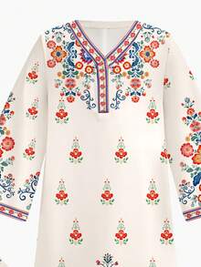 SHEIN 优雅简约波西米亚风儿童印花长袍，适合年轻女孩休闲舒适，优雅花卉刺绣印花V领宽松长袖连衣裙，适合春夏日常穿着、节日庆典、祈祷等场合，轻松舒适，休闲穿着，营造度假氛围，简约大方。 - 彩色 - 查看 7