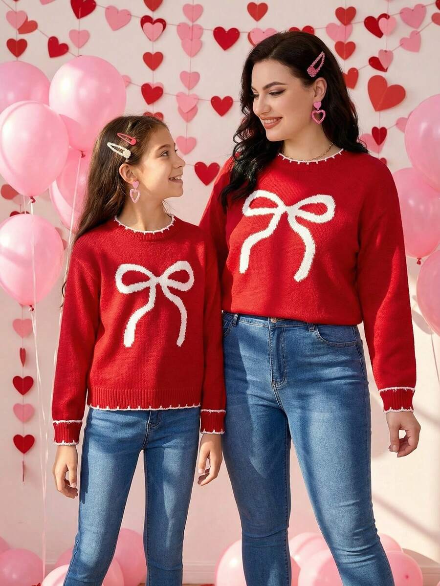 SHEIN Tween Girl Bow Jacquard Crew Neck Loose Fit Casual Sweater, Bow Sweater Tween Girls Cute Sweaters, Sweater With Bows - Red and White - View 1