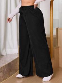 SHEIN Tall CURVE Plus Size Women's Solid Color Drawstring Waist Wide Leg Loose Casual Loose Pants, Daily Life, Commuting, School, Teachers, Meetings, Going Out, Leisure , Casual For Women - Multicolor - View 4