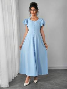 Momance Maternity Dress With Ruffle Short Sleeves, Diamond Neckline, Waist Seam Double Line, A-Line Hem, Front Button Design - Blue - View 5