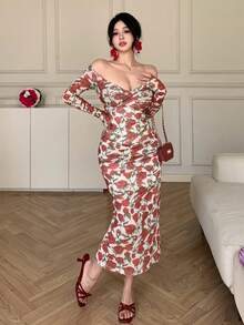 DAZY Spring & Summer Floral Print Elegant Bodycon Midi Dress, Casual Beach Vacation Dress With Twist Design, Suitable For Wedding, Commute