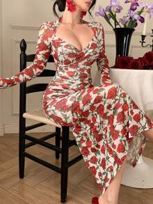 DAZY Spring & Summer Floral Print Elegant Bodycon Midi Dress, Casual Beach Vacation Dress With Twist Design, Suitable For Wedding, Commute