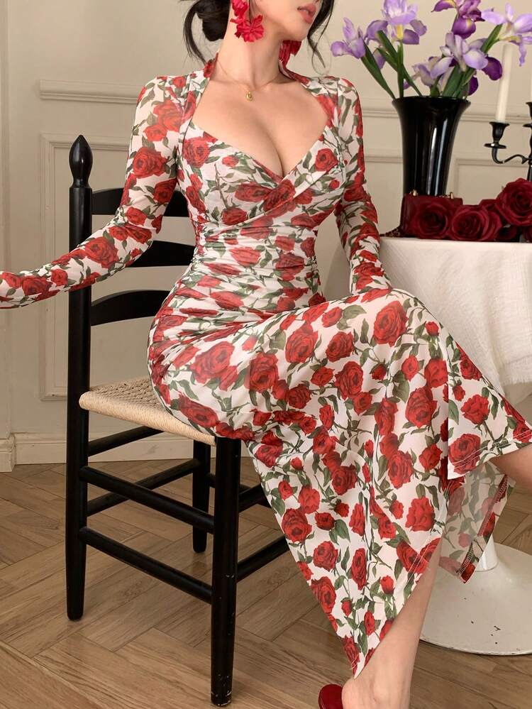 DAZY Spring & Summer Floral Print Elegant Bodycon Midi Dress, Casual Beach Vacation Dress With Twist Design, Suitable For Wedding, Commute Wedding Guest Dress Easter - Red - View 8