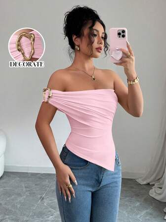 Rafferiza Women's Elegant Asymmetric Hem Decorated One Shoulder Fitted Blouse, Summer