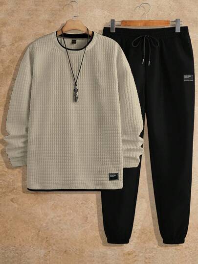 HIMLAND Manfinity Modomio 男士针织修身圆领长袖T恤和弹力腰直筒休闲裤两件套，适合秋冬季男士运动套装