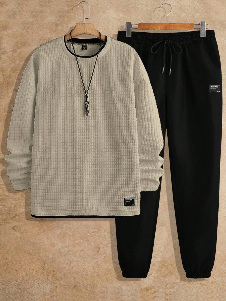 HIMLAND Manfinity Modomio 2pcs Men's Knit Slim Fit Crew Neck Long Sleeve T-Shirt And Elastic Waist Straight Leg Casual Pants Set, Suitable For Autumn And Winter Men Tracksuit - Multicolor - View 1