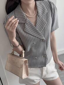 DAZY Women's Loose Business Casual Plaid Striped Color Block Short Jacket Cardigan Shirt, Suitable For Spring And Summer Office Wear - Black and White - View 5