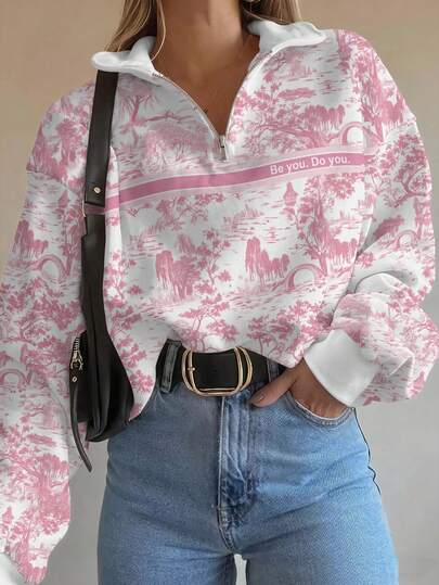 EMERY ROSE Vintage Landscape Digital Print, Women Loose Fit Zip-Up Long Sleeve Casual Sweatshirt