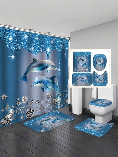 1PC/ 4PCS Luxury Dolphin Diamond Bath Curtain Set Premium Polyester Waterproof Mildew Resistant Extra Wide Bathroom Decor Sea Animal Print Home Spa Blue Silver Modern Style Trending Gifts