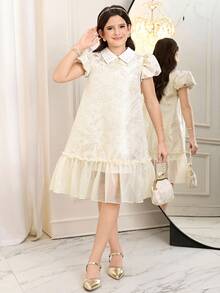 SHEIN Tween Girl Collared Short Sleeve Mesh Dress