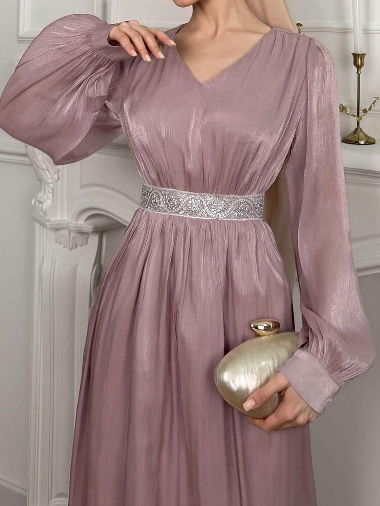 Women's Elegant Colorblock Sequin Patchwork V-Neck Puff Sleeve Ruched Long Dress, Spring/Summer Carnival Wedding Guest Dress Maxi Dress Sundress