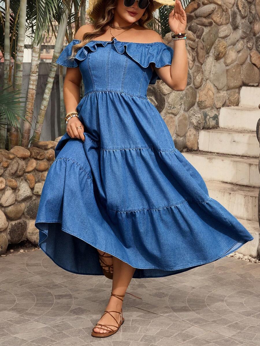Breezaya Plus Size Women's Solid Color Ruffle Off-Shoulder Fashionable Summer Denim Sexy Dress Summer  Vacation - Blue - View 1