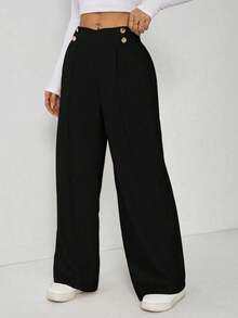 SHEIN EZwear Plus Size Women Metal Double Button Straight Leg Casual Office Pants, Autumn/Winter - Black - View 5