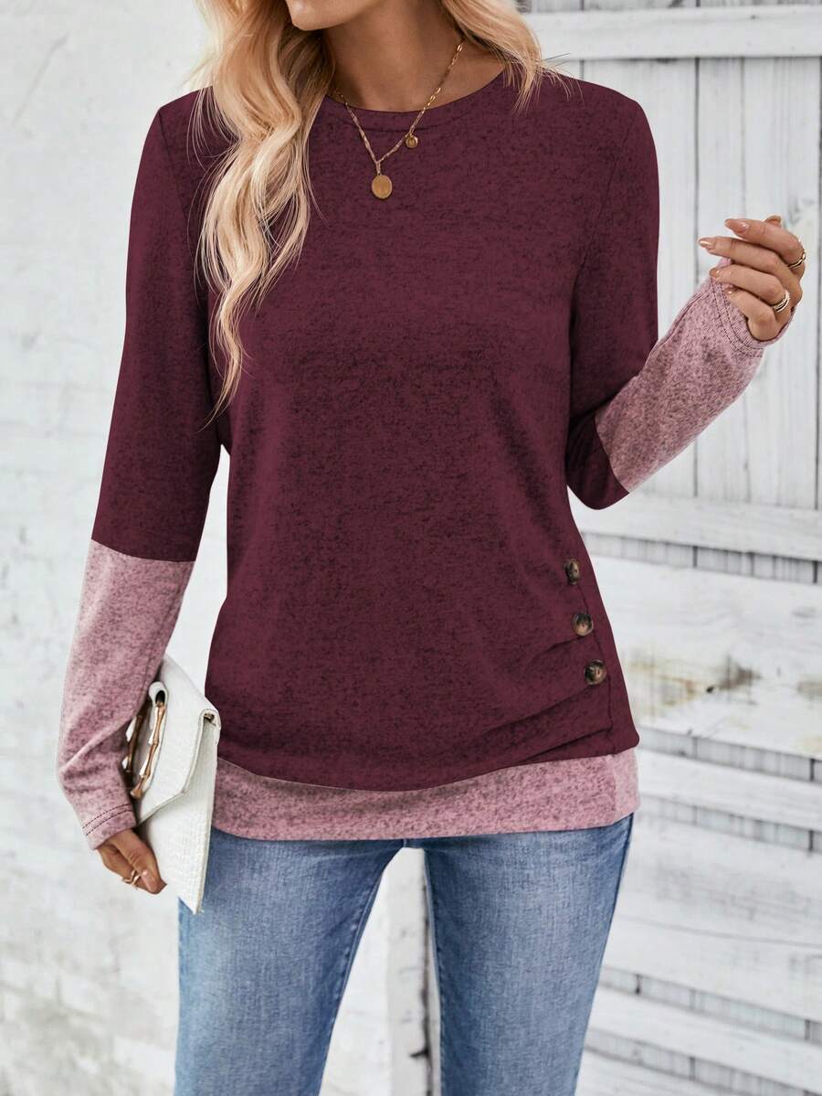 EMERY ROSE 女士休闲撞色拼接二合一T恤，秋季图案T恤女式上衣 - 彩色 - 查看 1