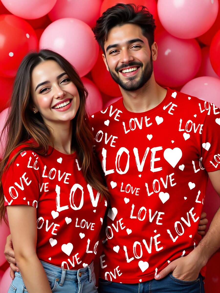 Manfinity Homme Unisex Valentine's Day LOVE + Heart Graphic Fully Allover Print Red Short Sleeve Crew Neck T-Shirt- Red Heart Red Graphic Tees - Multicolor - View 1
