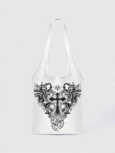 Grunge Punk Bolso de hombro con estampado de alas y cruz para mujer