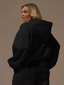 MUSERA Sudadera con capucha con gráfico bordado de eslogan, talla grande, otoño, linda, acogedora, festiva, vacaciones, laca de cereza, primavera, casual - Negro - Ver 4