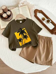Bộ 2 món đồ chơi bé trai, áo thun ngắn tay và quần short in hình, thích hợp cho kỳ nghỉ hè. - xanh quân đội - Xem 5