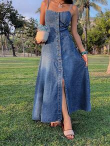 Livesso Sleeveless Distressed Waist-Cinched Casual Denim Dress For Women - Blue - View 4