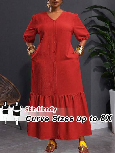 SHEIN CURVE+ CURVE PLUS /Valentine's Day/Plus Size Solid Color V-Neck Flare Sleeve Loose Ruffled Hem Dress
