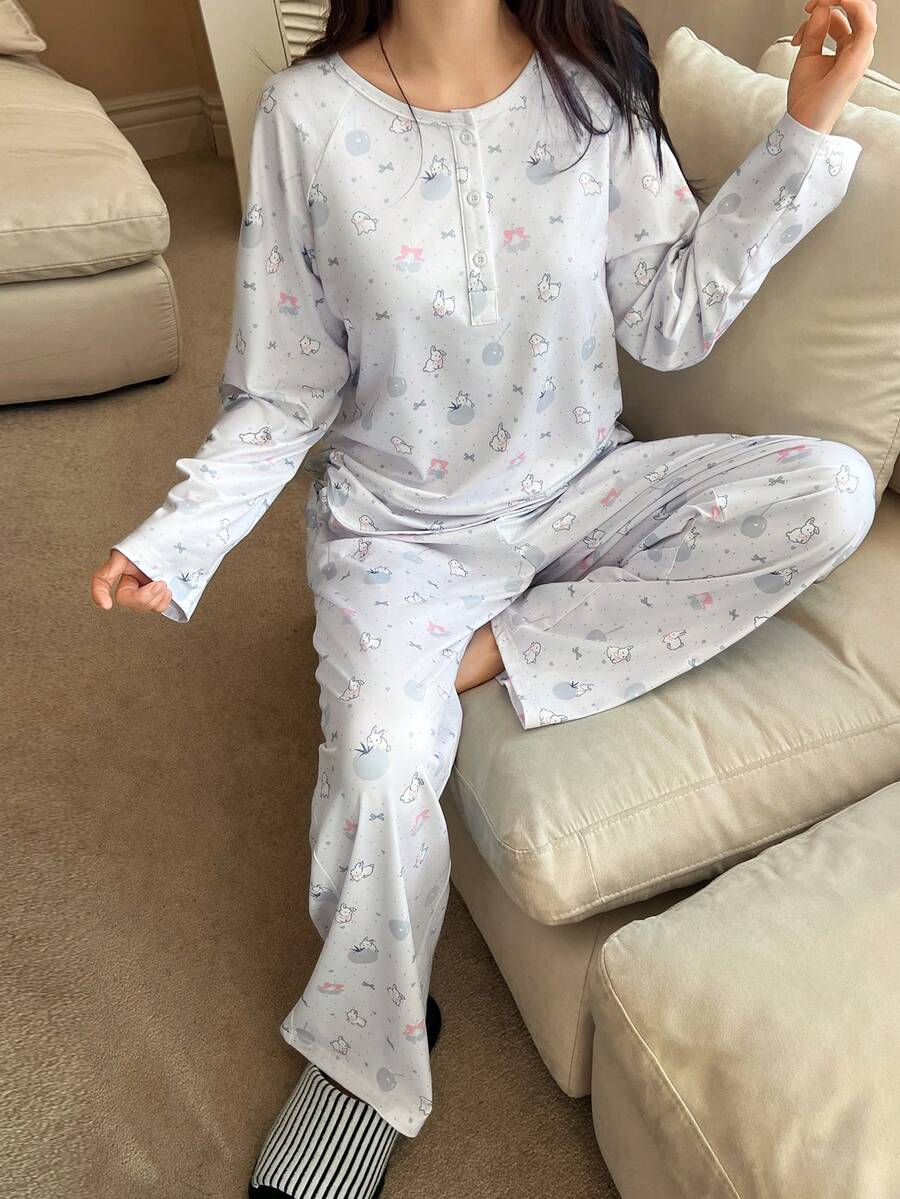 DAZY Cute Rabbit & Cherry Blossom All-Over Print Raglan Sleeve Loose Women Pajama Set - White - View 1