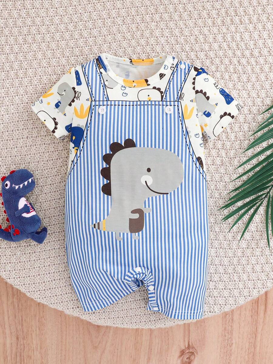 SHEIN Playful Pals Baby Boy Cute Dinosaur Print Comfortable Soft Romper, Suitable For Daily Outings, Holiday Gift