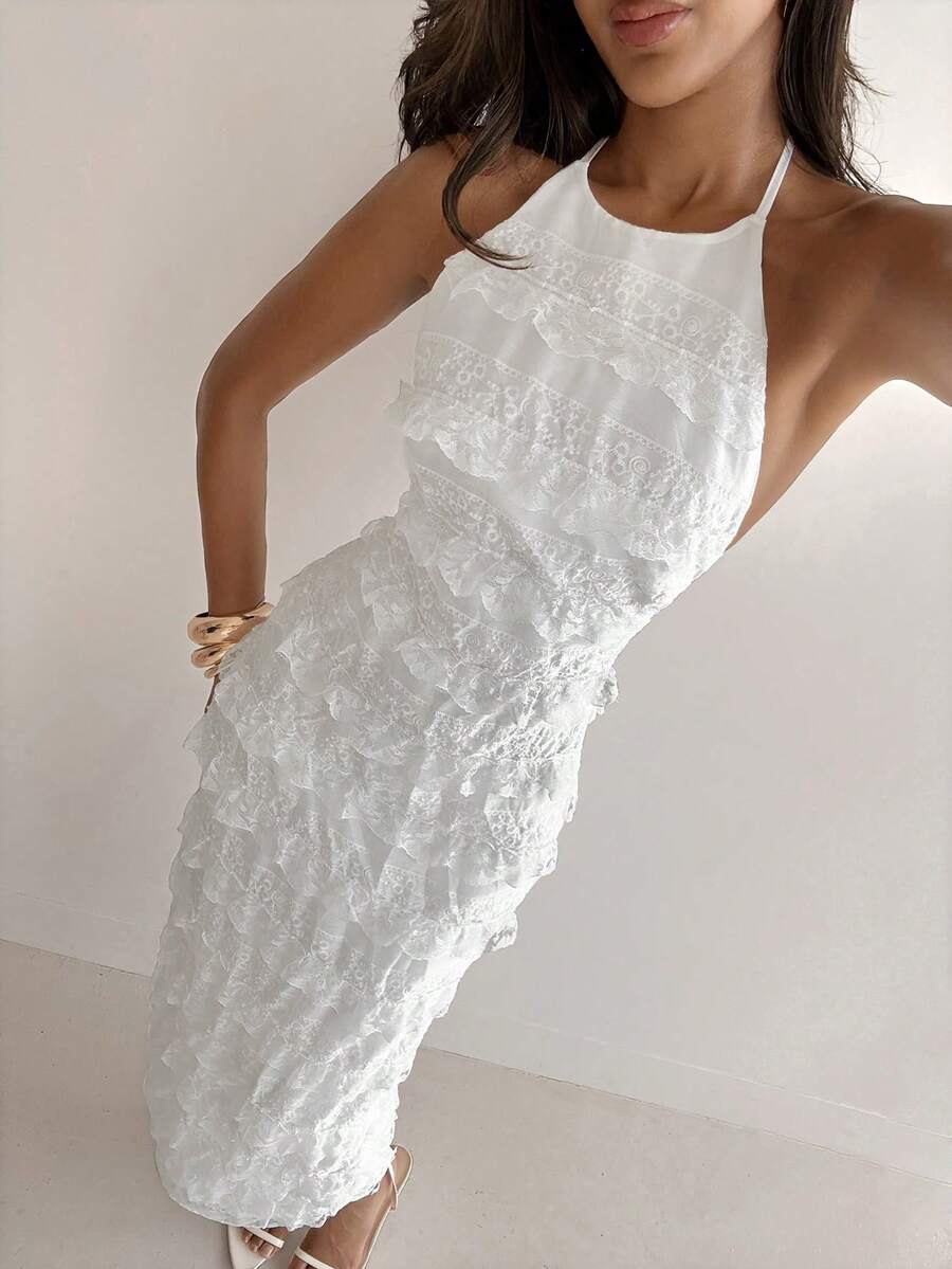 Aloruh Abito bianco in pizzo con scollo alla halter, adatto per feste e occasioni serali - Bianco - Visualizzare 1