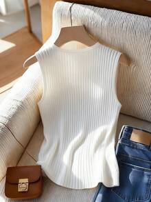 Franclia 女士休闲罗纹金属装饰圆领背心，夏季 - 米色 - 查看 2