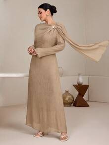 Graceveil Women's Plain Khaki Elegant A Line Maxi Dress Featuring Round Neck Long Sleeves And A Stylish Twist Detail - Khaki - View 4