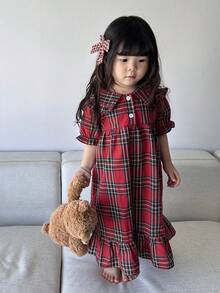 DAZY 女嬰韓式格紋長袖荷葉領舒適居家服幼兒 - 紅色 - 查看 4