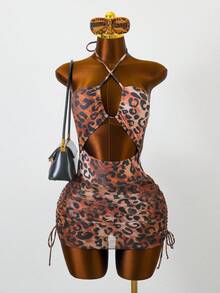Zestiva Set de costum de baie pentru femei cu imprimeu leopard, top și fustă tankini cu talie înaltă și scobit încrucișat, ținută casual la modă, primăvară/vară/toamnă/iarnă - Multicolor - Vizualizare 3