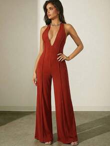 Denimoi 露背罗纹缝线细节连体裤 - 棕色 - 查看 4