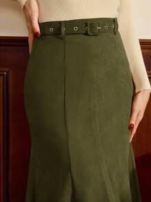 Vintamour 复古经典优雅女士半身裙，秋冬款，修身腰带，鱼尾铅笔裙，咖啡色长裙 - 軍綠色 - 查看 8