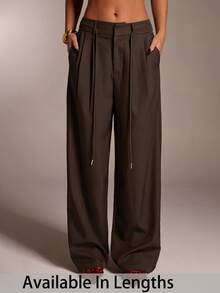 SHEIN Tall CURVE Plus Size Solid Color Drawstring Waist Slant Pocket Casual Pants Wide Leg Pants Pleated Pants Oversized Pants Brown Pants For Women,Daily Commute,Going Out,Workplace, Office - Brown - View 3