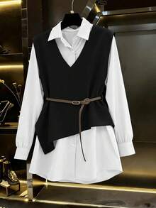 Franclia Stylish Black And White Collared Long Sleeve Shirt With Vest Design And Belt Detail - Black and White - View 5