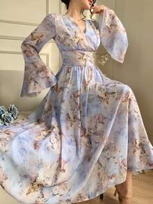 DAZY 女士印花V领喇叭袖收腰优雅连衣裙长裙吊带裙 - 藍色 - 查看 6