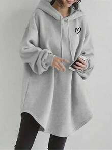 EMERY ROSE Women's Casual Heart Print Arched Hem Drawstring Sweatshirt, Autumn - Grey - View 1