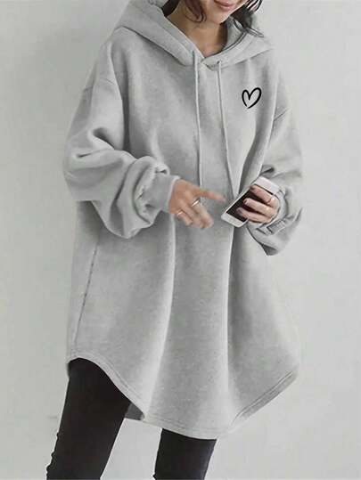 EMERY ROSE Women's Casual Heart Print Arched Hem Drawstring Sweatshirt, Autumn