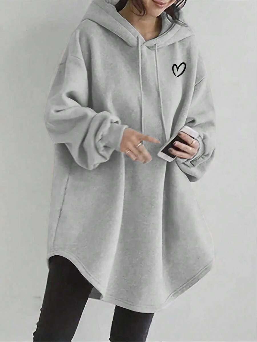 EMERY ROSE Women's Casual Heart Print Arched Hem Drawstring Sweatshirt, Autumn - Grey - View 1