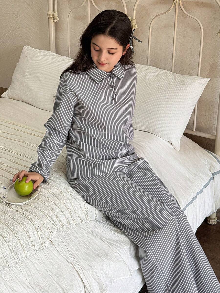 DAZY Tween Girls Casual Striped Half-Zip Ruffle Trim Loungewear Set, Fall - Grey - View 1