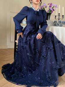 DAZY Đầm lưới organza thêu hoa đính đá lấp lánh màu xanh dương, thanh lịch cho mùa xuân và hè, thích hợp cho Ngày Valentine, đám cưới, tiệc tùng, các dịp trang trọng, sự kiện thời trang, dáng ôm, đầm maxi dài, đầm dự tiệc cưới, đầm hè. - Màu xanh hải quân - Xem 7