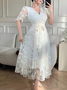 DAZY Women's Elegant Lace V-Neck Belted Mid-Length Dress, Summer - Beige - View 8