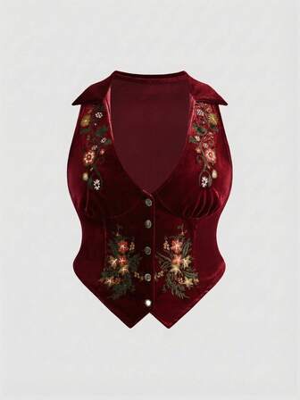 Fairycore Gilet en velours à broderie florale vintage grande taille, automne/hiver