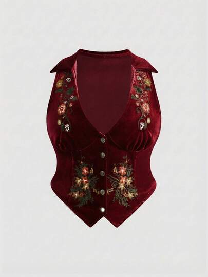 Fairycore Gilet vintage in velluto con ricamo floreale, taglia comoda, adatto per autunno/inverno
