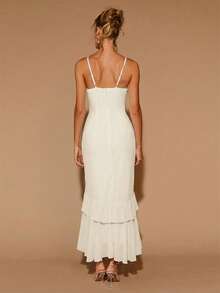 COSMINA 女士优雅荷叶边圆领长连衣裙，适合约会、派对等各种场合，四季皆宜。荷叶边连衣裙，米白色连衣裙，荷叶边连衣裙，米白色荷叶边连衣裙，白色荷叶边连衣裙 - 白色 - 查看 6