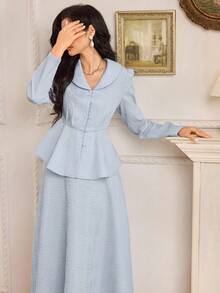 Modelyn 女士珍珠装饰腰部上衣和A字裙法式两件套 - 藍色 - 查看 6