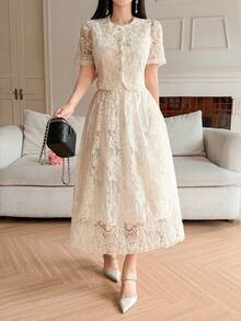 DAZY Bộ đồ 2 món thanh lịch dành cho nữ: áo kiểu cổ tròn tay phồng ren và chân váy chữ A, thích hợp cho mùa xuân/hè, váy dự tiệc cưới. - Màu be - Xem 4