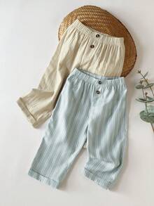 SHEIN Bộ 2 món cho bé trai, gồm áo trơn và quần kẻ sọc, chất liệu mềm mại, thoải mái, thiết kế tối giản thời trang, phù hợp cho bé mặc hàng ngày và đi chơi vào mùa xuân và mùa hè. - Nhiều màu - Xem 3