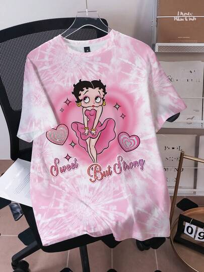 Betty Boop x SHEIN Plus Size Tie-Dye Cartoon Graphic Short Sleeve T-Shirt, Summer Casual